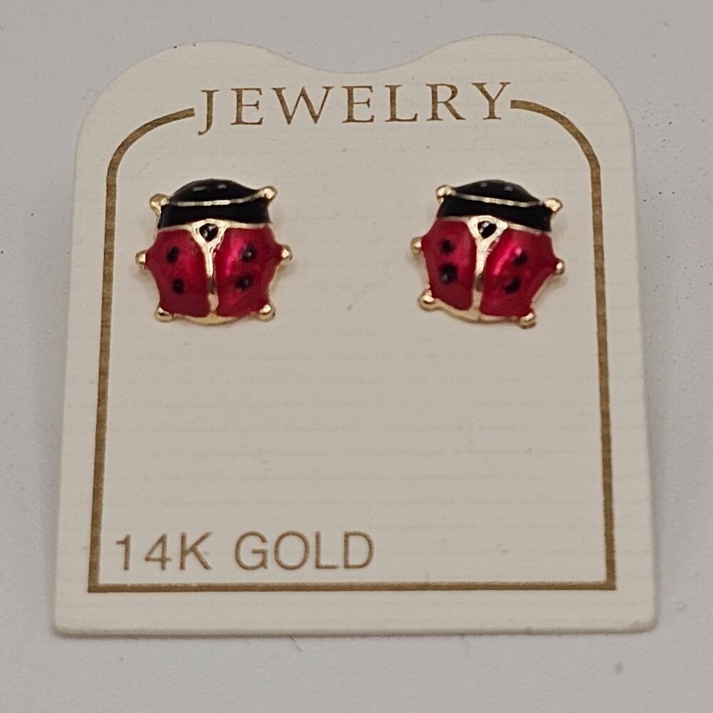 14KT Gold Ladybug Enamel Stud Screw Back Earrings 8mm
